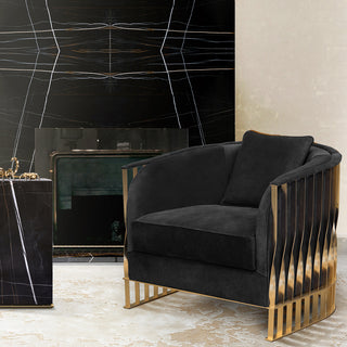 Luxury Velvet Armchair with Curved Sculptural Design & Gold Accent Base