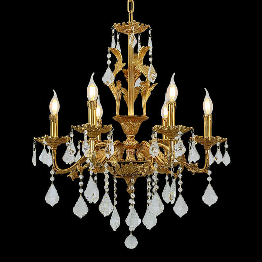 24X31 Inch 6 Lights Small Candle Style Brass and Crystal Chandelier Lighting for Bedroom