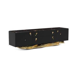 Luxury Black Gold Media Console with Marble Top & Hidden Storage