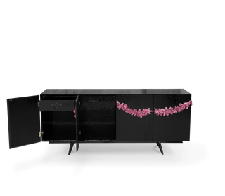 Luxury Black Sideboard Buffet Cabinet with Floral Carved Details & Storage