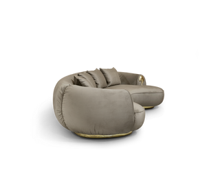Luxury Curved Sofa with Hand-Hammered Polished Brass Base & Cream Upholstery Design