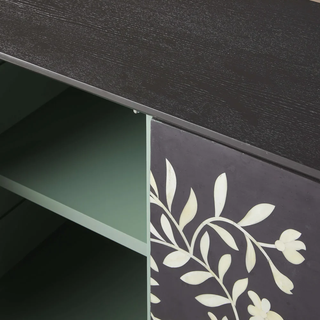 Divya Hand-Inlaid Bone Sideboard - Oak Frame Jasmine Motif Buffet Table for Living Room & Entryways