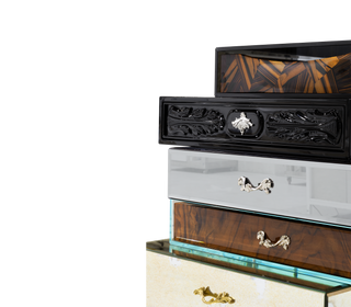 Luxury Chest of Drawers with Mixed Wood Finishes, Brass Details & Designer Storage