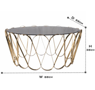 Luxury Round Coffee Table with Sculptural Brass Base, Smoked Glass Top & Modern Architectural Design