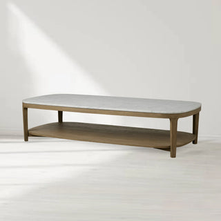 Danny Marble Top Coffee Table: Oak Wood Rectangle Living Room Center Cocktail & Tea Table