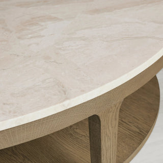 Danny Round Marble Top Coffee Table Oak Wood Base Cocktail Table Living Room Center Tea Table