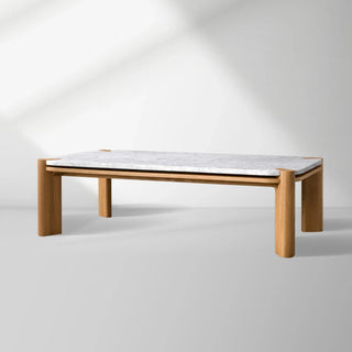 Pyet Marble Coffee Table: Elegant Oak Wood Base Living Room Center Cocktail & Tea Table