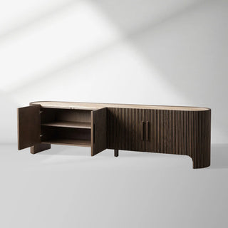 Astor Media Console & Sideboard: Minimalist Reeded Stone-Inlaid Oak Console