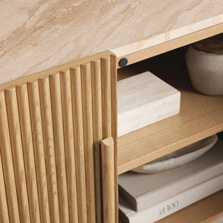 Astor Media Console & Sideboard: Minimalist Reeded Stone-Inlaid Oak Console