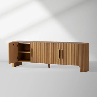 Astor Media Console & Sideboard: Minimalist Reeded Stone-Inlaid Oak Console
