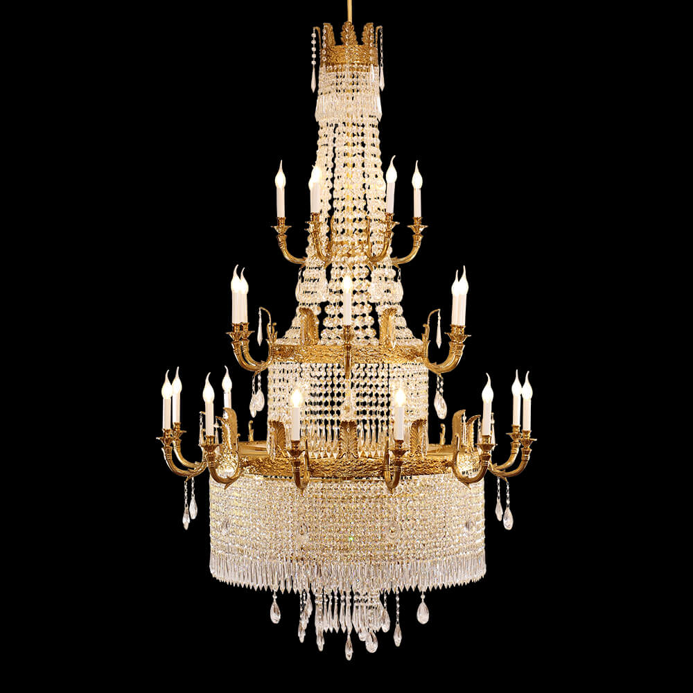 49'' W x 79'' H Three Tiers Large French Empire Chandelier Antique Brass and Crystal Chandelier