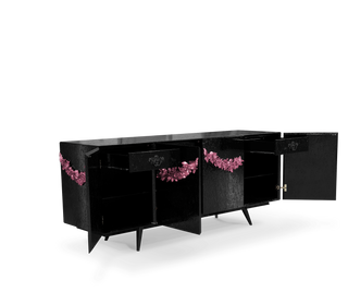 Luxury Black Sideboard Buffet Cabinet with Floral Carved Details & Storage