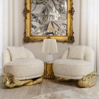 Luxury Sculptural Armchair with Polished Hammered Brass Base & Organic Curved Design