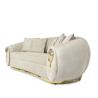 Luxury Curved Sofa with Hand-Hammered Polished Brass Base & Cream Upholstery Design