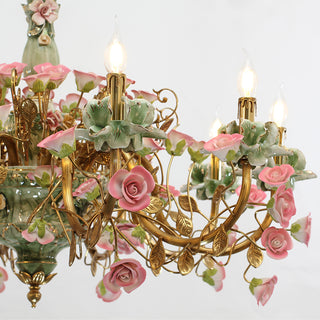 39X28 Inch 10 Lights Brass Chandelier and Green & Pink Porcelain Flower Chandelier