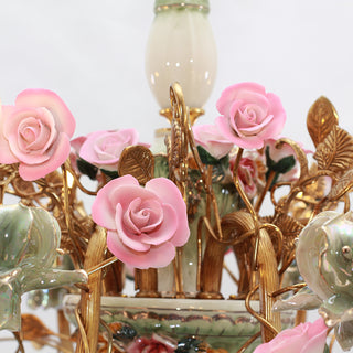 35X24 Inch 8 Lights Brass Chandelier and Green & Pink Porcelain Flower Chandelier