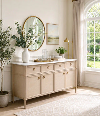 Marble Top Buffet Sideboard, 75" Oak Carrara Brass Pulls