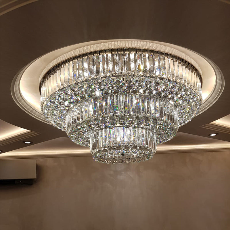 39 Inch Round Crystal Ceiling Light Tiered Flush Mounted Chandelier for Low Ceiling Room