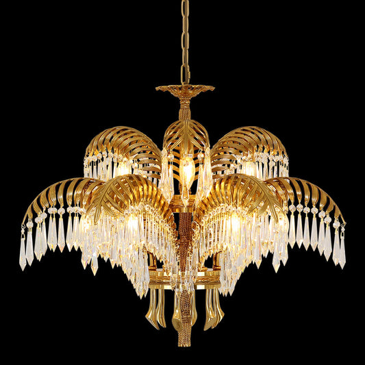 30 Inch Wide 2-Layer Palm Tree Brass and Crystal Chandelier Light