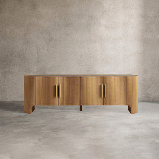 Astor Media Console & Sideboard: Minimalist Reeded Stone-Inlaid Oak Console