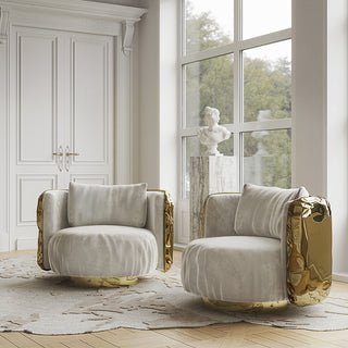Luxury Imperfect Sculptural Armchair with Swivel Base & Hammered Brass Round Design