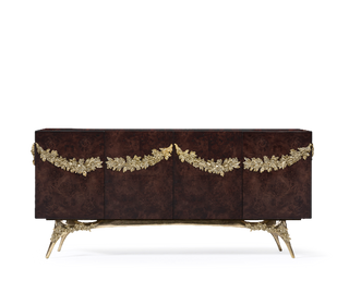 Luxury Walnut Burl Sideboard Buffet Cabinet with Hand-Carved Floral Doors & Storage