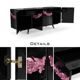 Luxury Black Sideboard Buffet Cabinet with Floral Carved Details & Storage