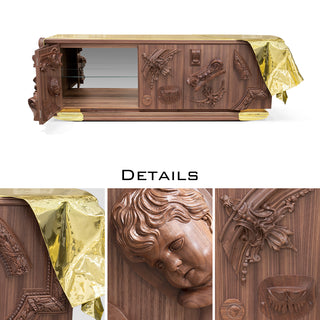 Luxury Black Sideboard Buffet Cabinet with Gold Leaf Details & Hidden Storage