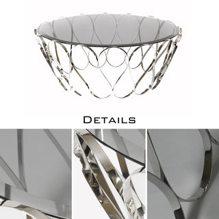 Luxury Round Coffee Table with Sculptural Brass Base, Smoked Glass Top & Modern Architectural Design