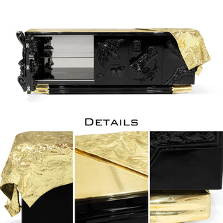 Luxury Black Sideboard Buffet Cabinet with Gold Leaf Details & Hidden Storage