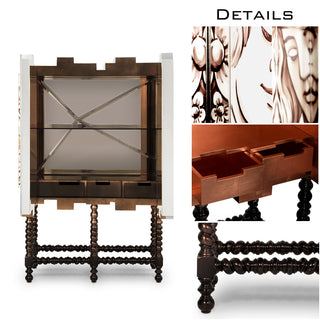 Luxury Hand-Painted Tile Cabinet with Mirrored Details & Collector Storage