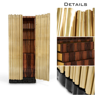 Luxury Curio Cabinet with Brass Tube Design, Glass Shelves & Hidden Storage