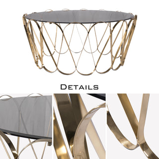 Luxury Round Coffee Table with Sculptural Brass Base, Smoked Glass Top & Modern Architectural Design