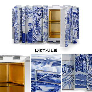 Luxury Hand-Painted Tile Sideboard Cabinet with Vintage Artwork & Hidden Storage