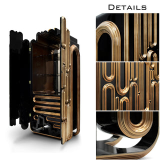 Luxury Bar Cabinet with Brass Tube Design, Glass Shelves & Hidden Storage