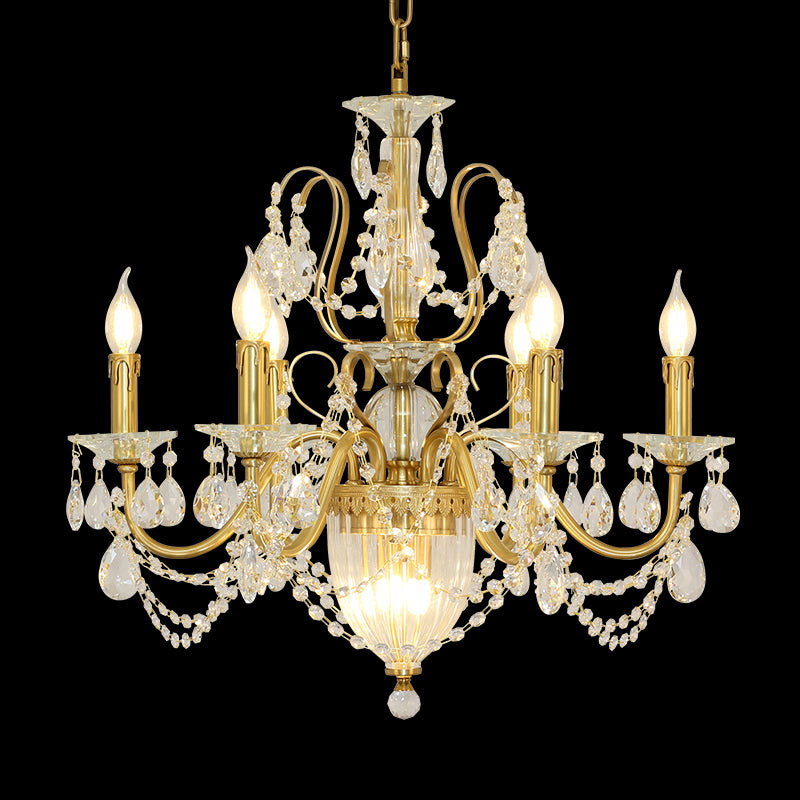 Six Brass Arms Classical Crystal Chandelier Small Gold Chandelier for Bedroom 26X26 Inch