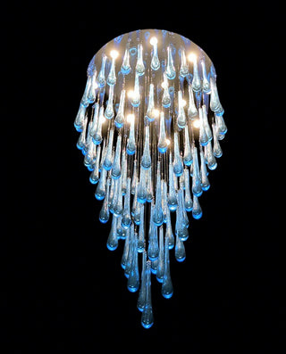 63 Inch Long Staircase Chandelier Modern Blue Teardrop Glass Chandelier for High Ceilings