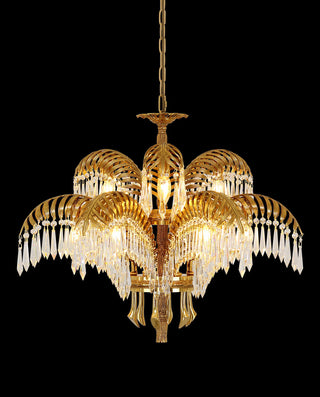 30 Inch Wide 2-Layer Palm Tree Brass and Crystal Chandelier Light