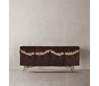 Luxury Walnut Burl Sideboard Buffet Cabinet with Hand-Carved Floral Doors & Storage
