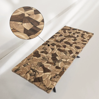 Petra Rectangular Dining Table – Marble & Petrified Wood Top with Iron Base