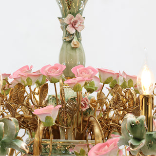 39X28 Inch 10 Lights Brass Chandelier and Green & Pink Porcelain Flower Chandelier