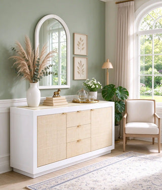 White Raffia Sideboard, 72" with Inlaid Brass Trim