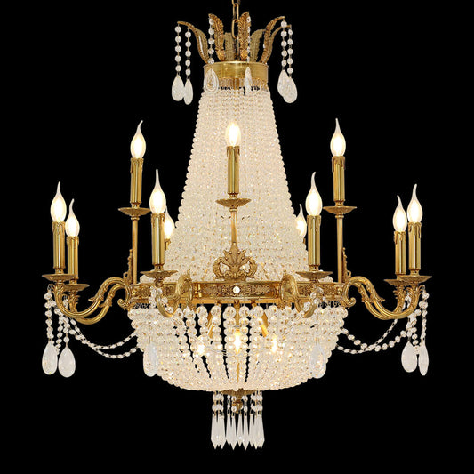 37X39 Inch 15 Lights French Empire Brass and Crystal Chandelier