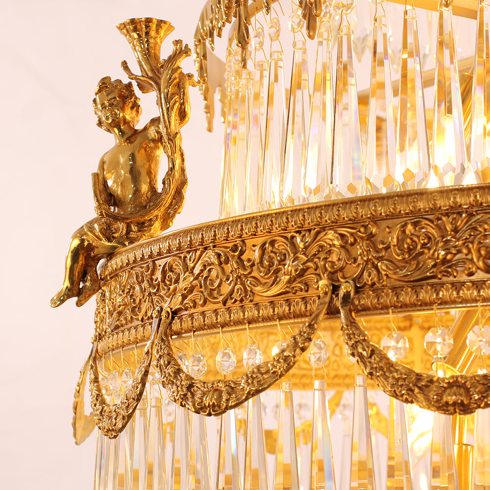 35X83 Inch Big Foyer Lighting Cascading French Empire Brass and Crystal Chandelier