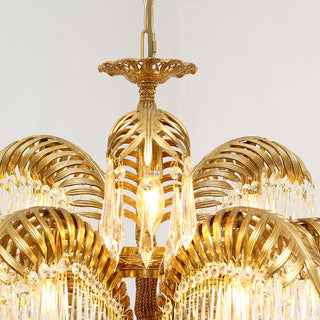 30 Inch Wide 2-Layer Palm Tree Brass and Crystal Chandelier Light
