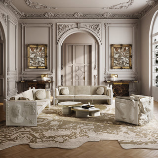 Luxury Versailles Inspired Sofa with Sculpted Resin Wood Frame, Velvet Pillows & Acrylic Legs