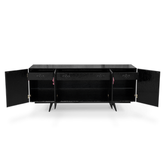 Luxury Black Sideboard Buffet Cabinet with Floral Carved Details & Storage