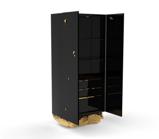Luxury Marble Curio Cabinet with Brass Base, Glass Display Shelves & Hidden Storage