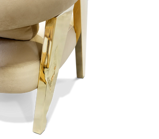 Luxury Sculptural Armchair with Polished Hammered Brass Legs & Curved Upholstery Design