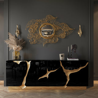 Luxury Black Gold Sideboard Cabinet with Sculptural Cracked Design